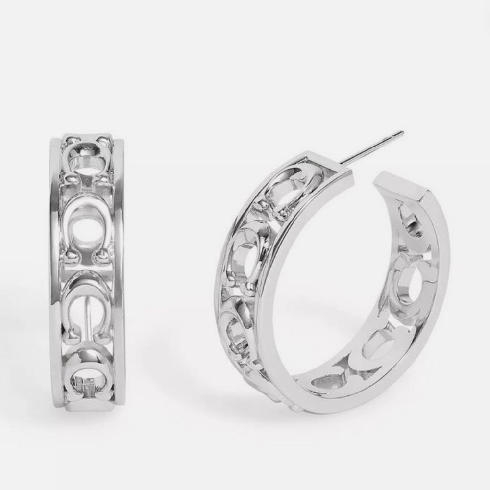 Coach Signature C Logo Silver Hoop Earrings NEW